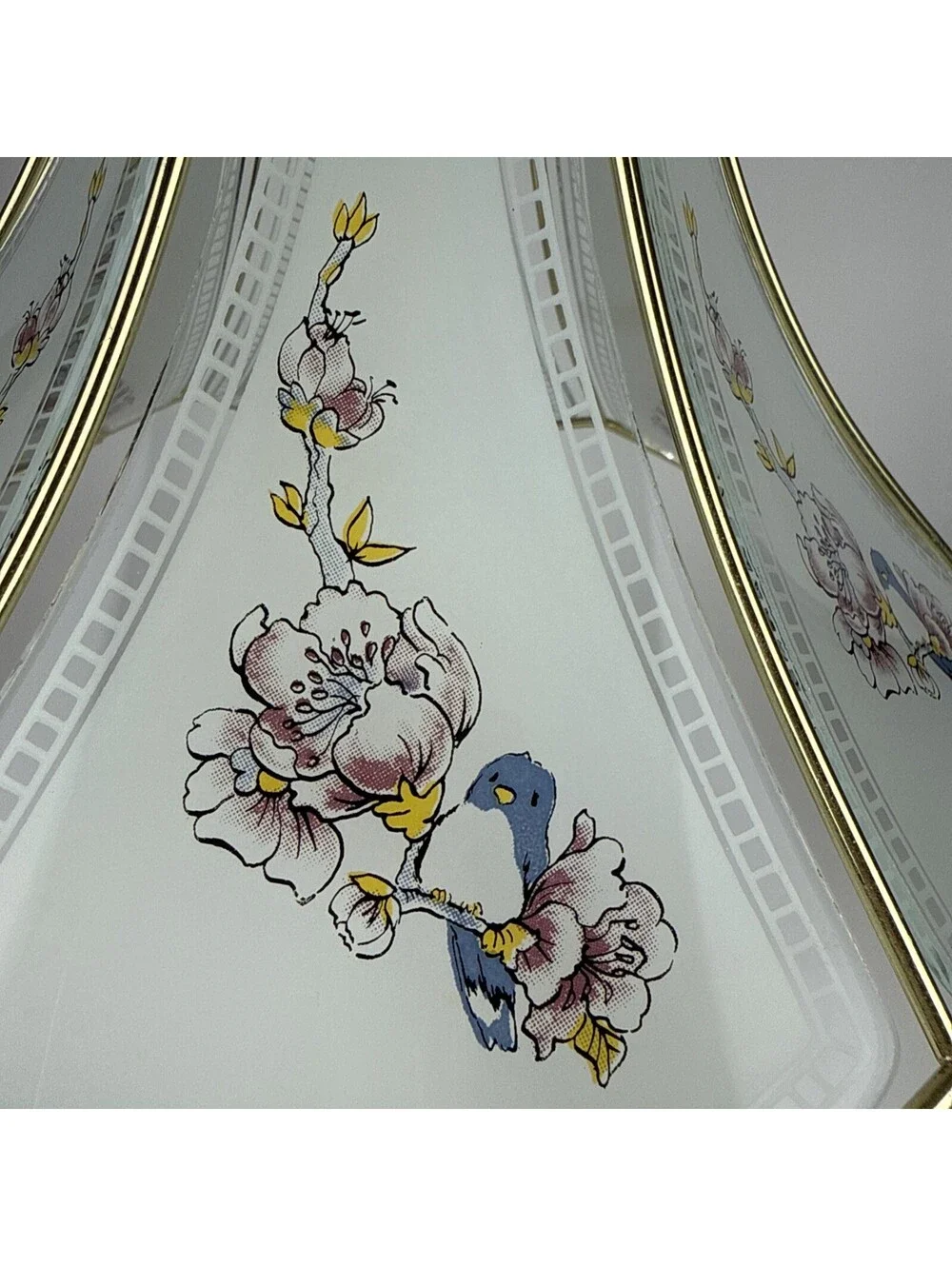 Vintage 3 Way Touch Lamp 6 Panel Glass Blue Bird Floral Brass Table Light 16x10